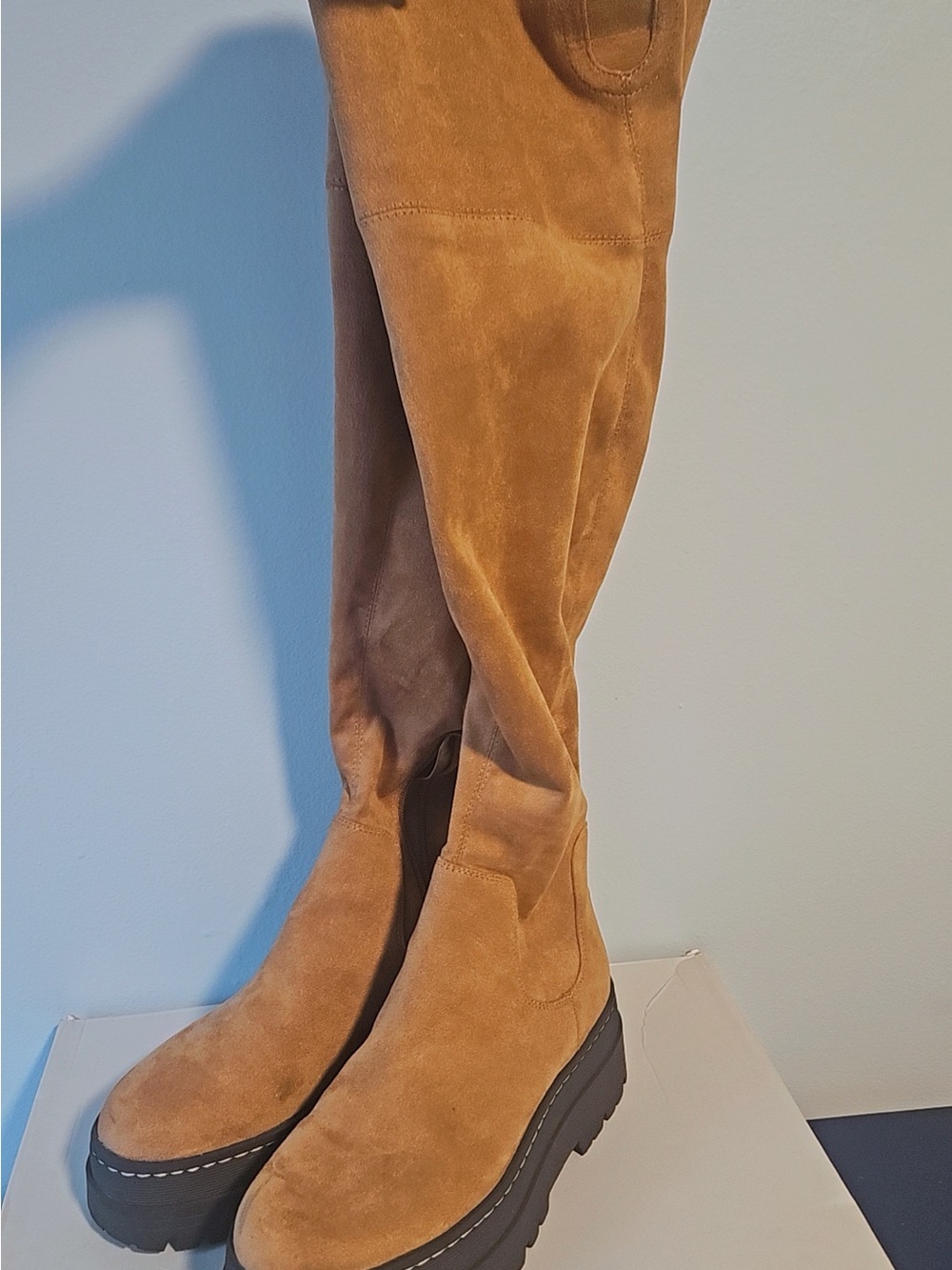 Tan Suede Knee-High Platform Boots